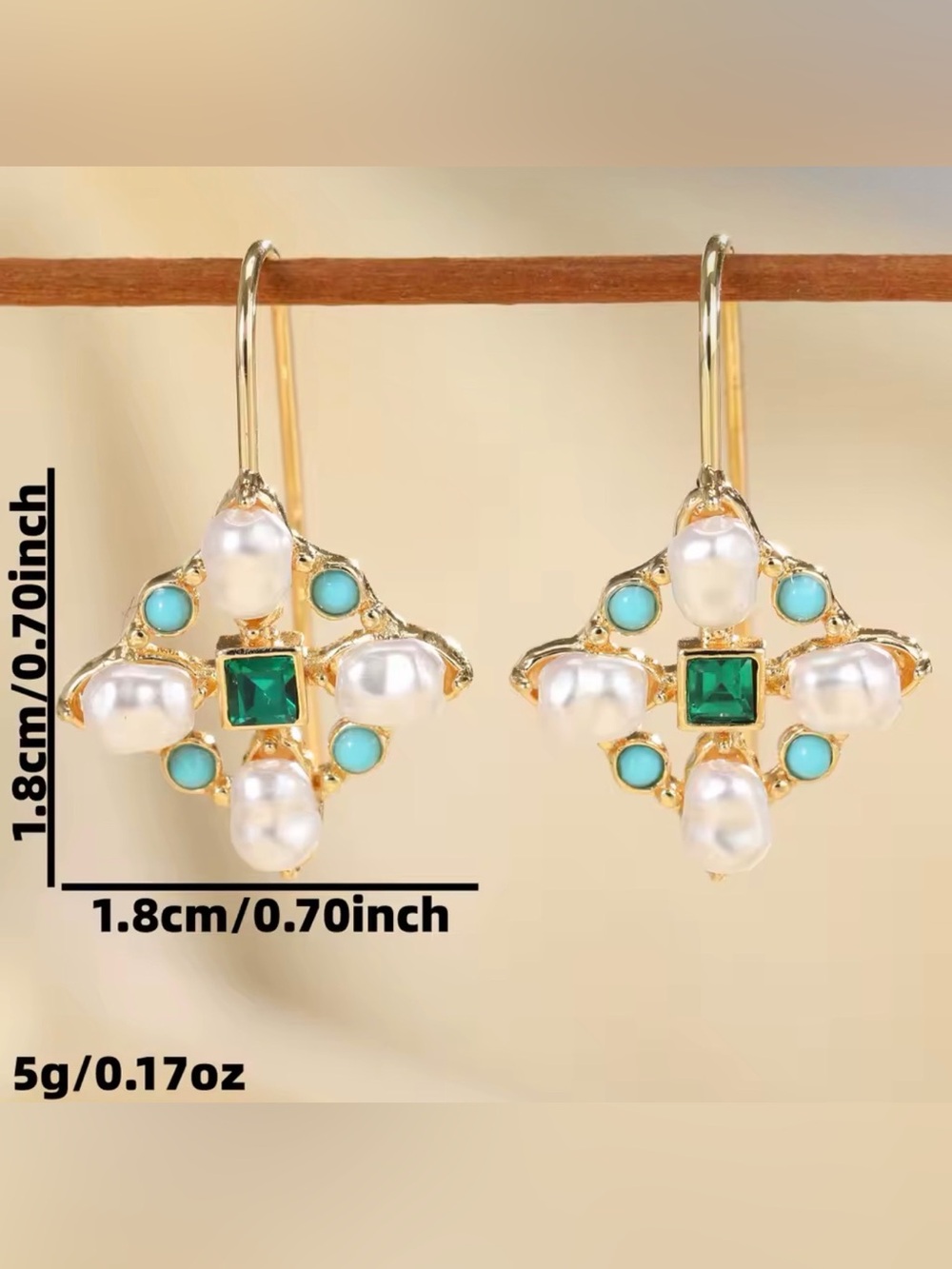 Pearl Look Green Blue Gem Dangle Earrings Gold Tone Vintage Statement Jewelry - Picture 4 of 5